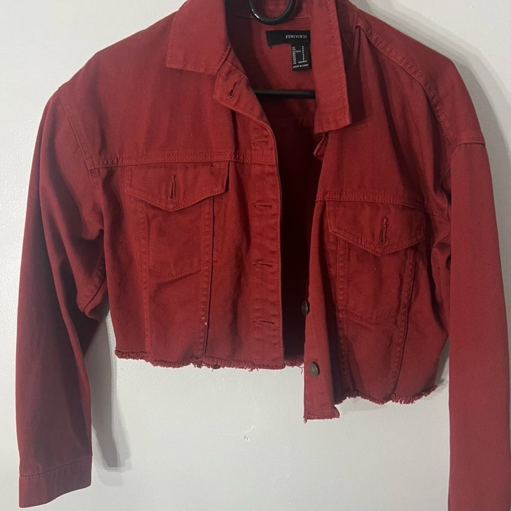 Forever 21 Red Cropped Jean Jacket